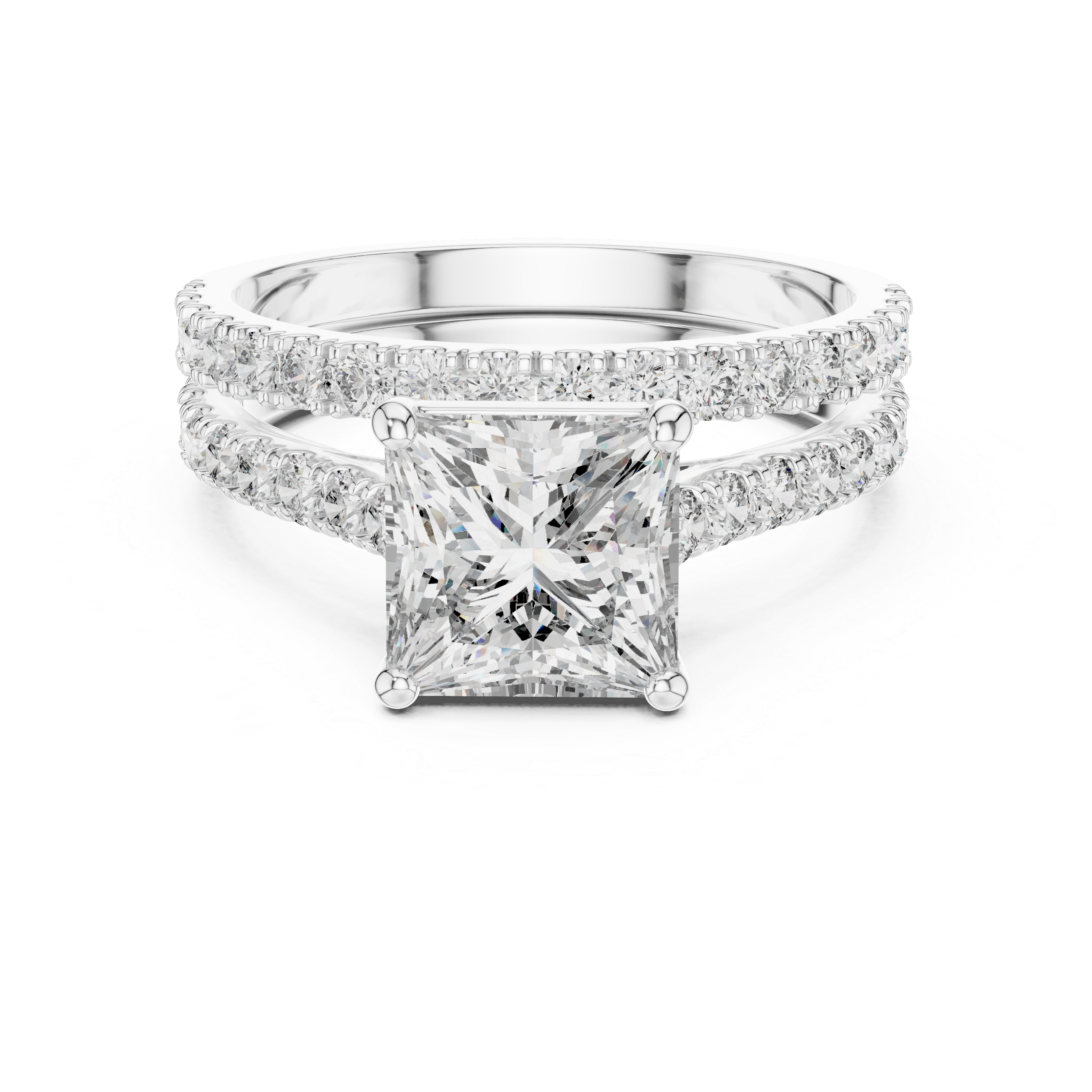Diamond ring with a prominent central gemstone on a white background